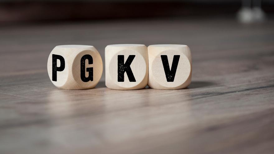 Drei Würfel, auf denen die Buchstaben P, G, K und V stehen