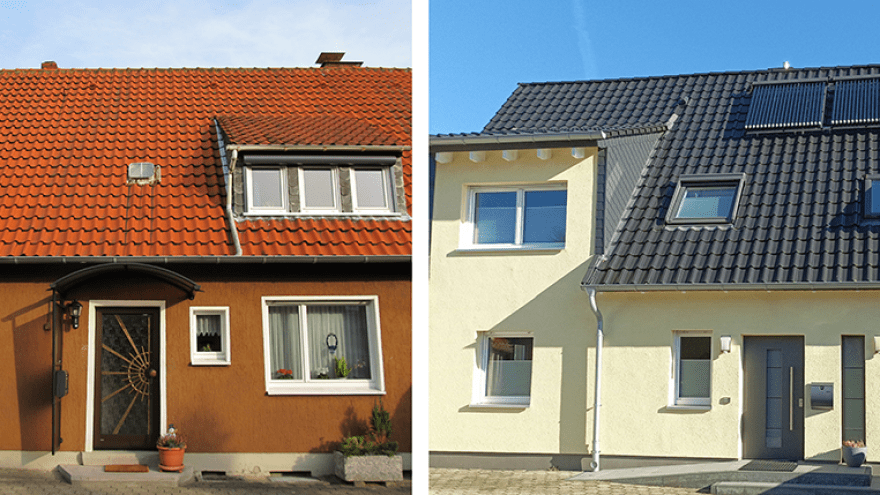Doppelhaushälfte: links vor der Sanierung, rechts nach der Sanierung mit Anbau