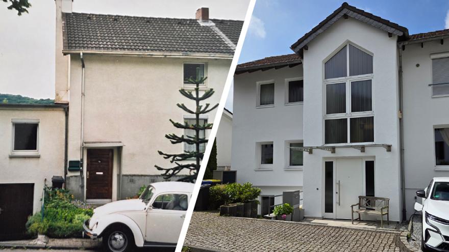 Vorher-Nachher-Bild: Links die Doppelhaushälfte vor der Kernsanierung mit altem VW-Käfer am Straßenrand, rechts akuelles Foto von der Doppelhaushälfte mit E-Auto