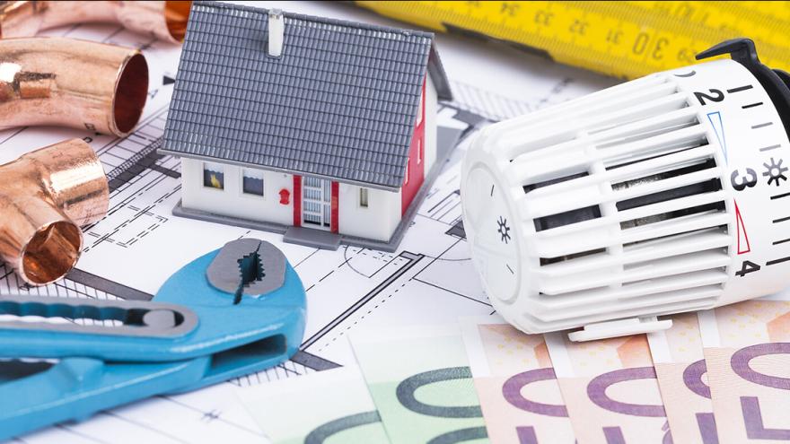 Modellhaus, Thermostat, Heizungsrohre, Geld, Hausgrundriss, Zollstock