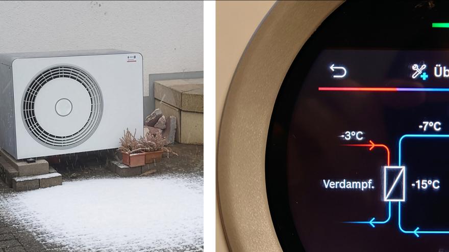 Fotocollage, links: Wärmepumpe an einer Hauswand und Schnee davor, rechts Display der Wärmepumpe mit Gradzahlen: Anzeige 