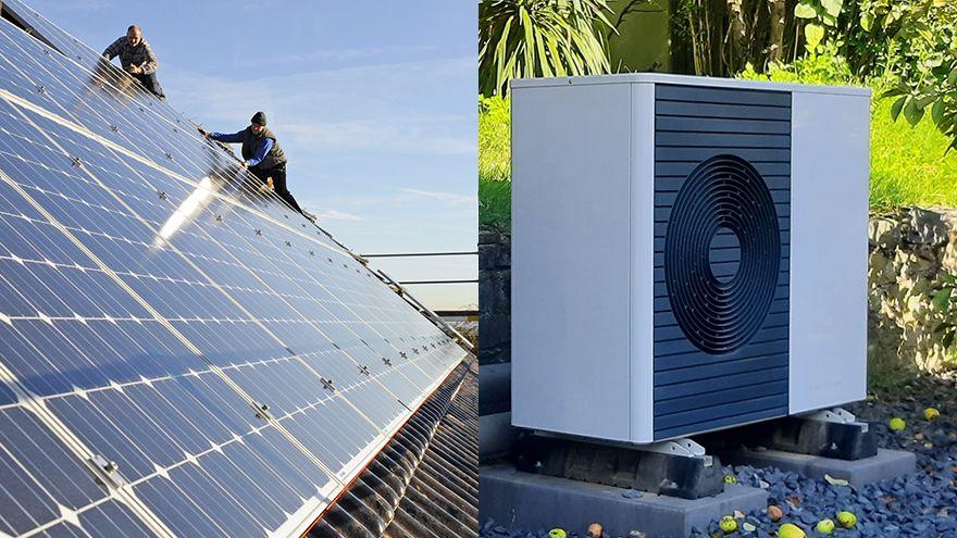 links PV-Anlage, rechts Wärmepumpe