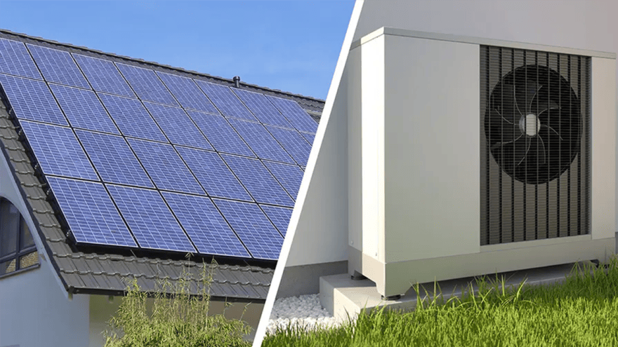 Collage von Photovoltaik-Anlage und Wärmepumpe