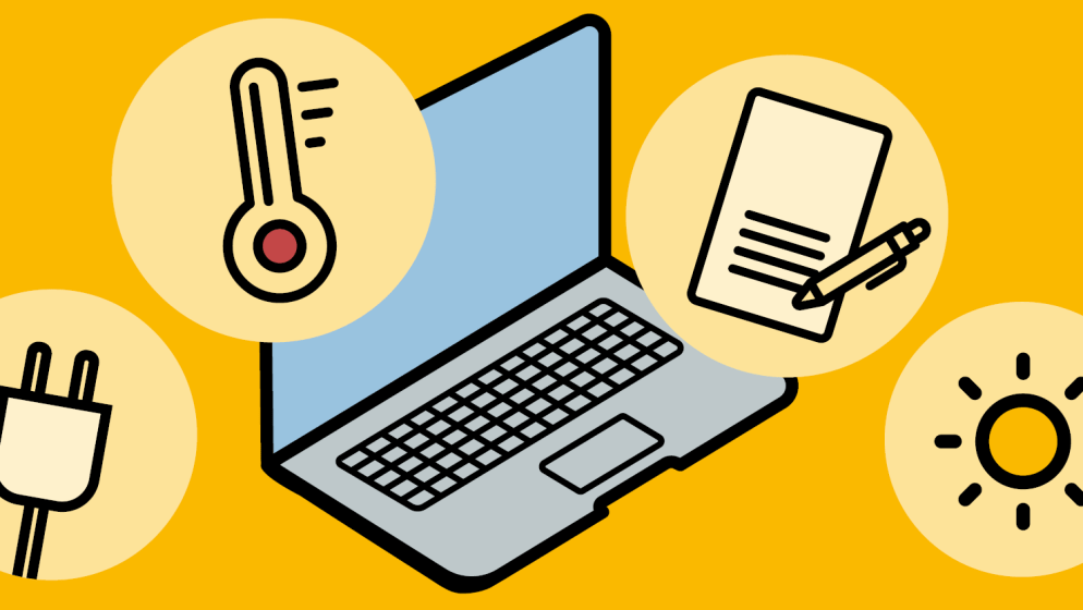 Icons Laptop, Stecker, Thermometer, Stift und Papier, Sonne