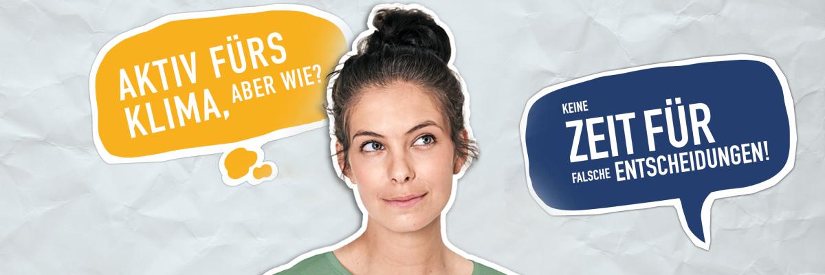 Frau mit Sprechblase "Aktiv fürs Klima, aber wie?"