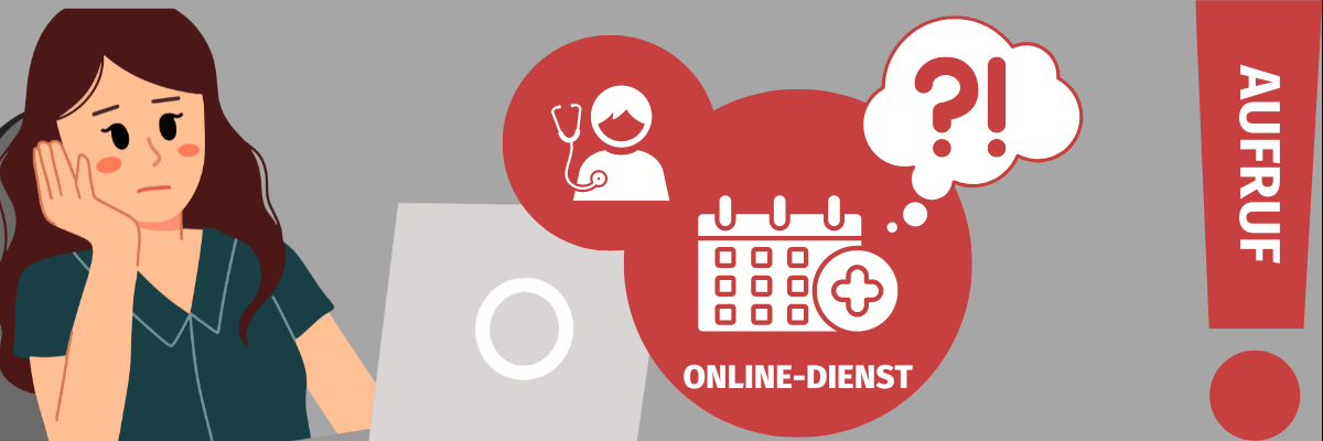 Eine Frau sitzt am Computer, daneben Symbole für Online-Terminbuchung, ein Fragezeichen und Aufruf.