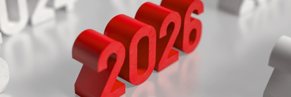 Die Zahl 2026 in rot vor anderen Jahreszahlen in grau