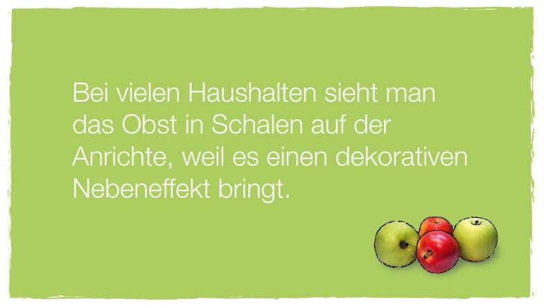 Text: Viele Haushalte lagern Äpfel in Schalen auf der Anrichte.