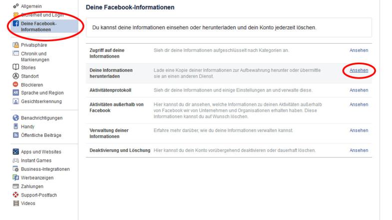Screenshot der Datenanforderung bei Facebook
