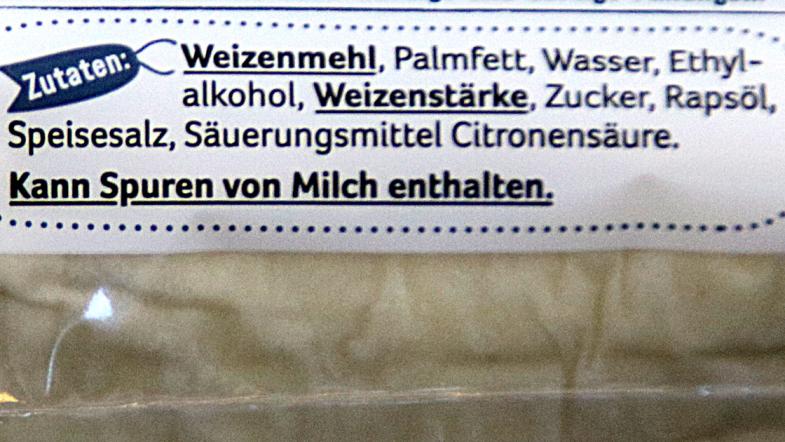 Zutatenliste einer Blätterteig-Verpackung