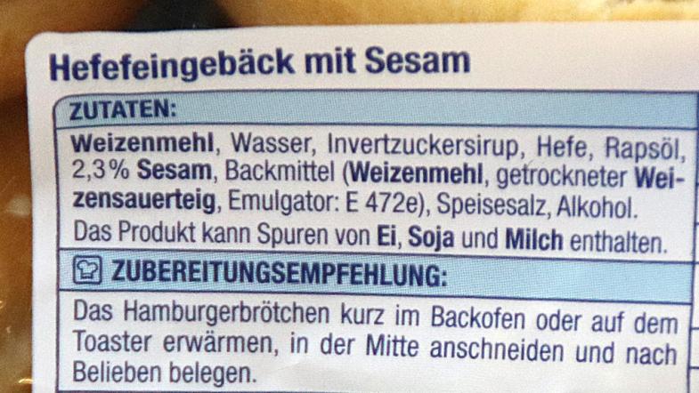 Zutatenliste einer Burger-Brötchen-Verpackung