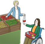 Zeichnung eienr Frau im Rollstuhl an einem gemüsestand auf dem Markt.