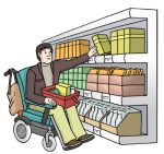 Zeichnung eines Mannes im Rollstuhl an einem Supermarktregal.