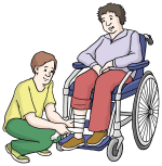 Abbildung einer Person im Rollstohl, die Unterstützung erhält