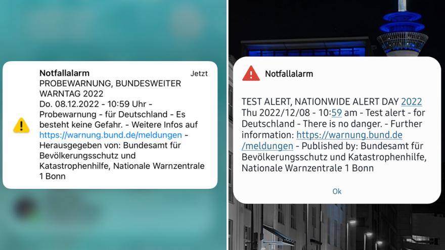 Screenshots zweier Test-Warnmeldungen vom 8. Dezember 2022 auf einem iPhone und einem Android-Smartphone