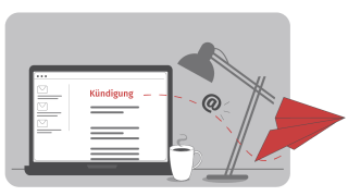 Auf einem Laptop wird eine E-Mail mit der Aufschrift "Kündigung" angezeigt