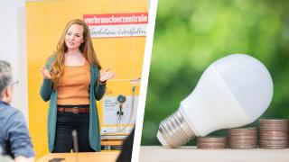 Vortragssituation & Glühbirne auf Münzen