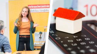 Vortragssituation & Taschenrechner, Modellhaus, Geldscheine