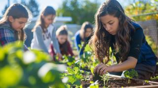Mädchen gärtnern an einem Hochbeet