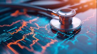 Ein Stethoskop liegt auf einem digitalen Bildschirm, der Herzfrequenzdaten und medizinische Grafiken anzeigt, was die moderne Gesundheitstechnologie symbolisiert.