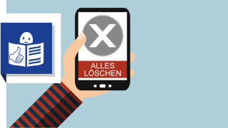 Grafik Handy in der Hand, auf dem steht "Alles löschen" 