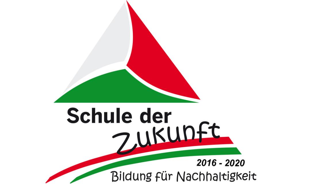 Dreieck in weiß, rot und grün, Schriftzug Schule der Zukunft 2016-2020