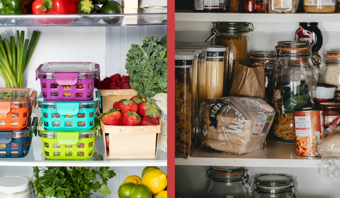 Lebensmittel im Kühlschrank und im Vorratsschrank