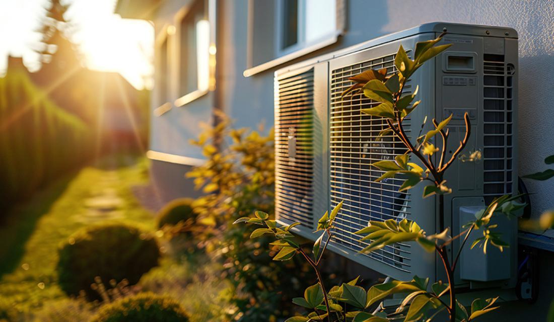 Hausseite mit Wärmepumpe an der Wand, Wiese mit Sträuchern am Rand und eine untergehende Sonne 