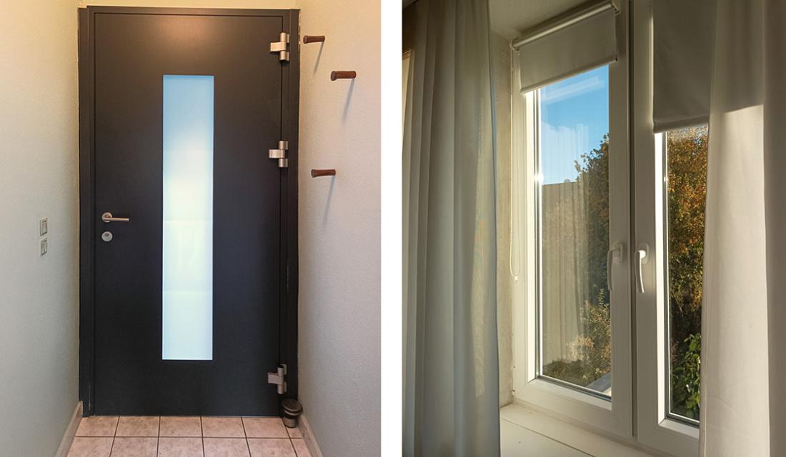 Bildcollage: Links die neue Haustür, rechts ein neues Fenster