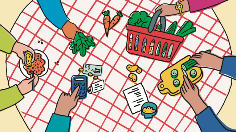 Illustration: Taschenrechner, Essen, Einkaufskorb, Lebensmittel und Geld auf einem Tisch.