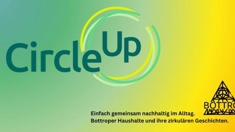 Farbiger Hintergrund, dazu der text "Circle Up - Einfach gemeinsam nachhaltig im Alltag. Bottroper Haushalte und ihre zirkulären Geschichten"