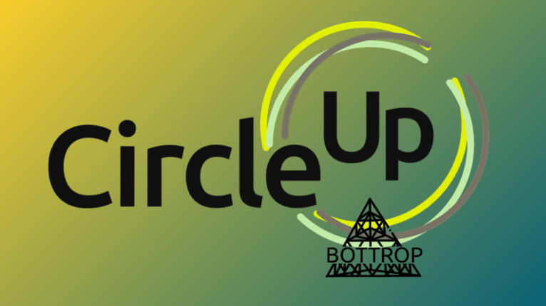Farbiger Hintergrund, dazu der text "Circle Up - Einfach gemeinsam nachhaltig im Alltag. Bottroper Haushalte und ihre zirkulären Geschichten"