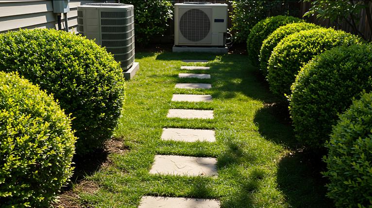 Eine Wärmepumpe steht hinten im Garten, und auf dem Weg zu ihr liegen Pflastersteine auf der Wiese.